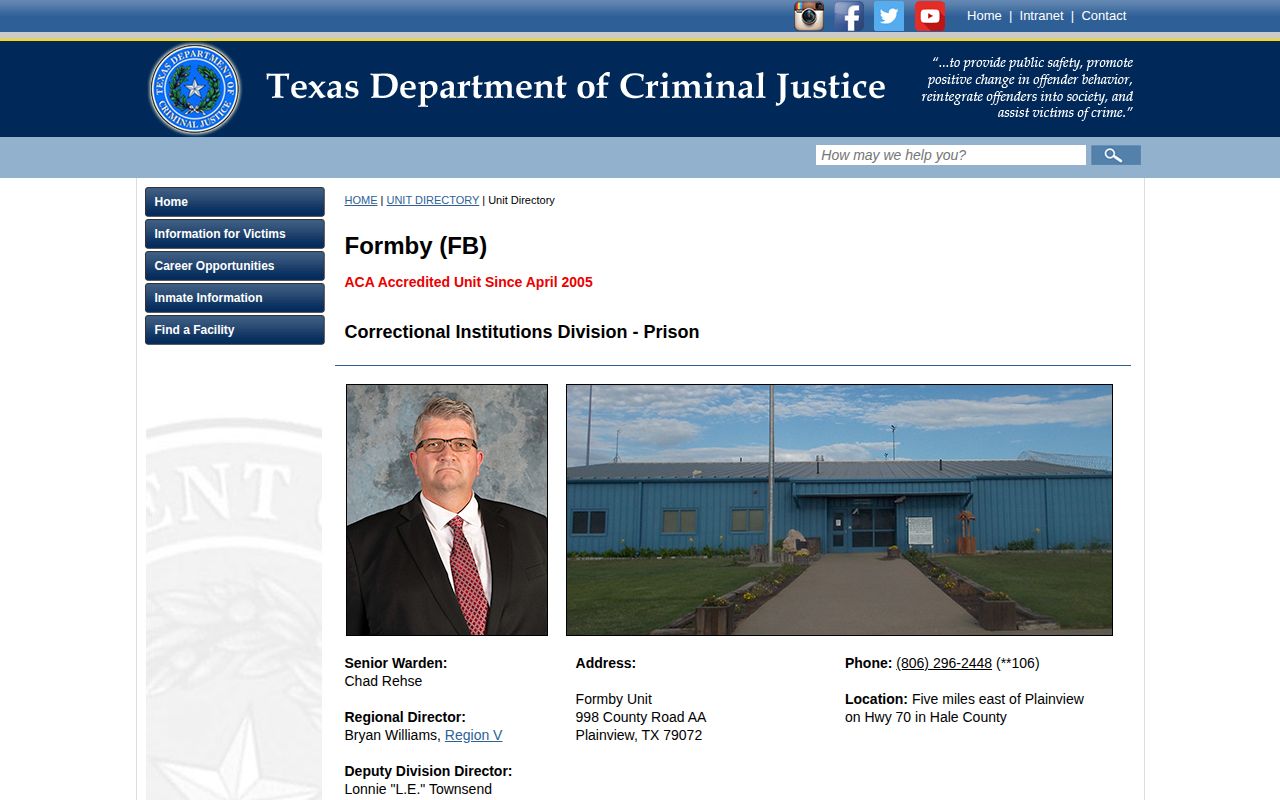 Formby Unit release records official TDCJ facility page