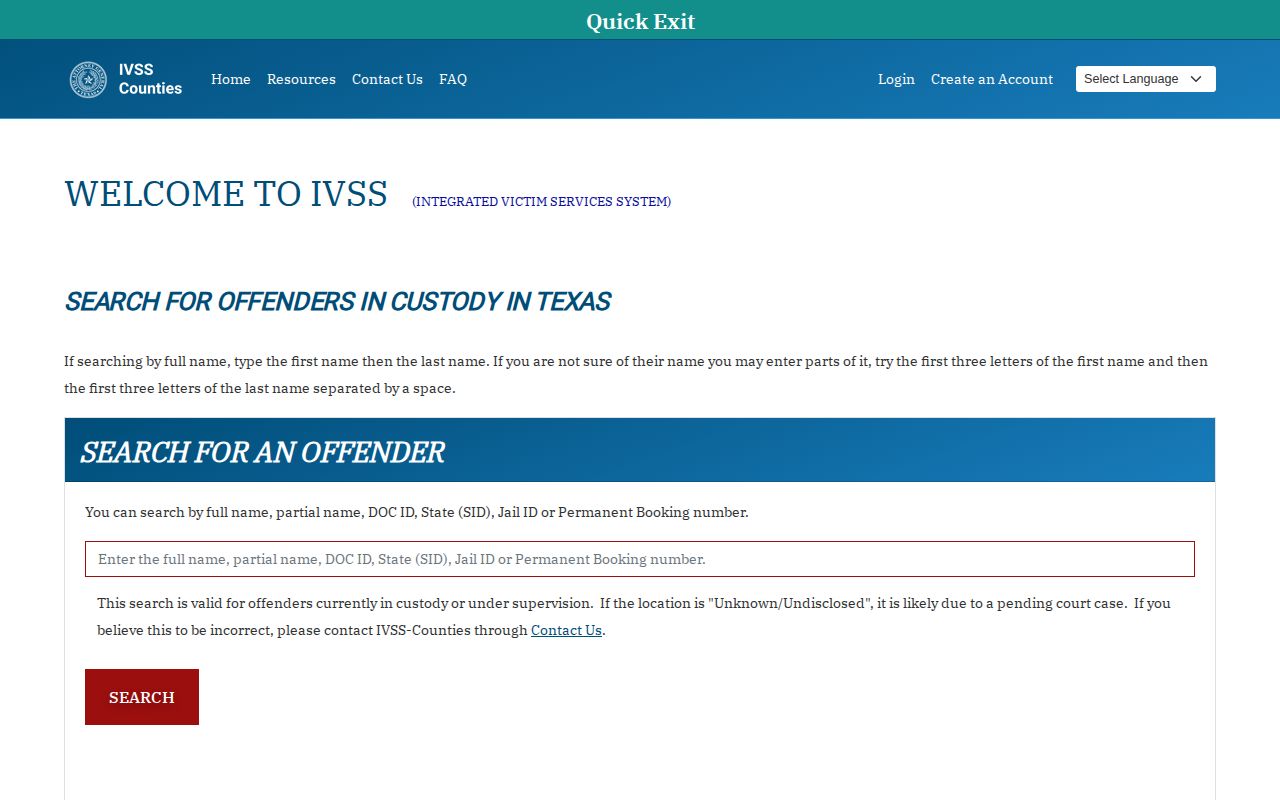 Hale County IVSS released inmate search and notification screen
