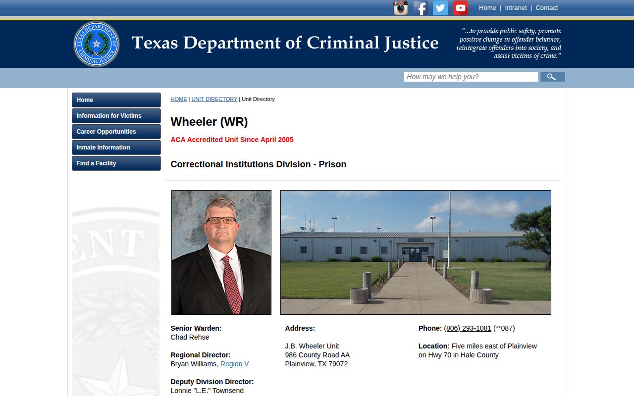 J.B. Wheeler Unit release record official facility page